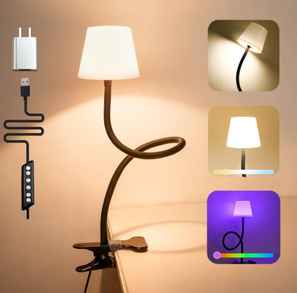 Colorful LED Clip Lamp - Suitable for dormitories, adapter included