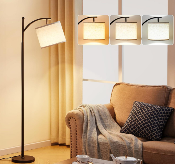 Three-Color Temperature Floor Lamp - Adjustable linen lampshade, 60 inches tall, beige and black
