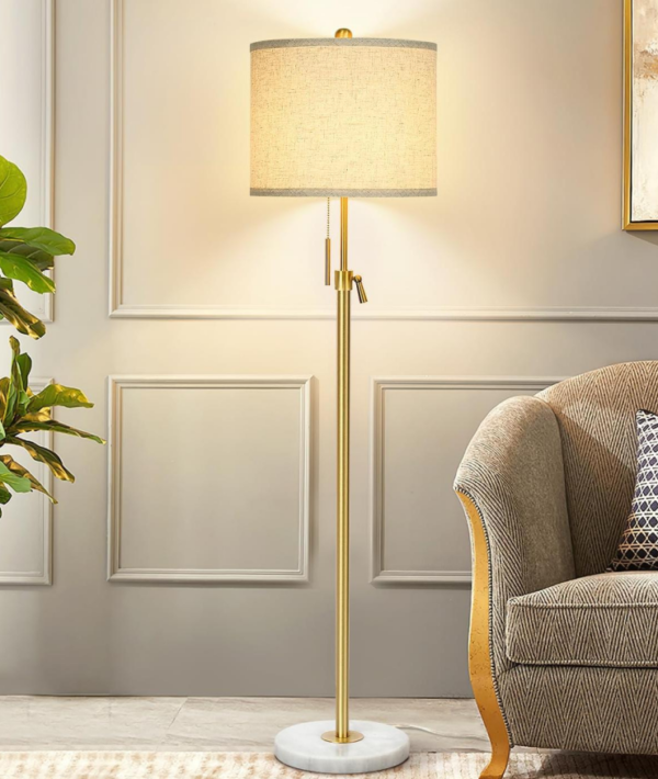 Modern Marble Floor Lamp - Adjustable height, gold pole, linen lampshade, chain switch
