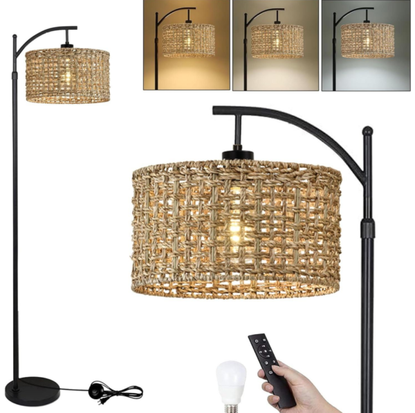 Curved Rattan Floor Lamp - Remote control, 3 color temperatures,  rustic style, adjustable