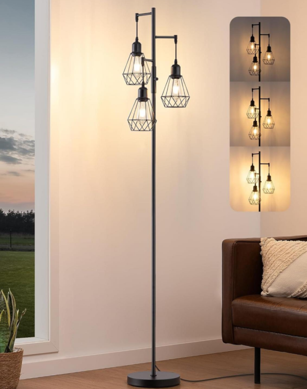70-inch Industrial Floor Lamp - Dimmable, includes 3 LED Edison bulbs, diamond-shaped cage