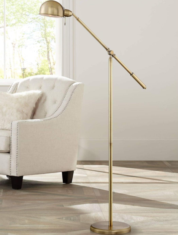 Traditional Floor Lamp - 55 inches tall, antique brass, adjustable balance arm, gold shade